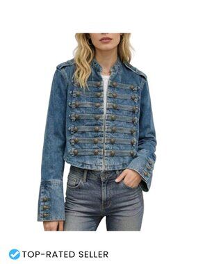 Vintage Military Denim Jacket Steampunk Gothic Coat with Epaulettes Open Front